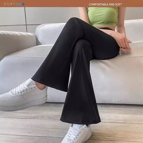 Women's Black Micro Trumpet Shark Suit Pants, Outerwear High-Waisted Spring and Autumn Thin Tight Draping Floor-Length Wide Leg Pants