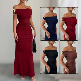 2025 New Autumn and Winter Off-Shoulder One-Line Collar Dress European and American Cross-Border Sexy Elegant Long Skirt Evening Dress Women's Clothing
