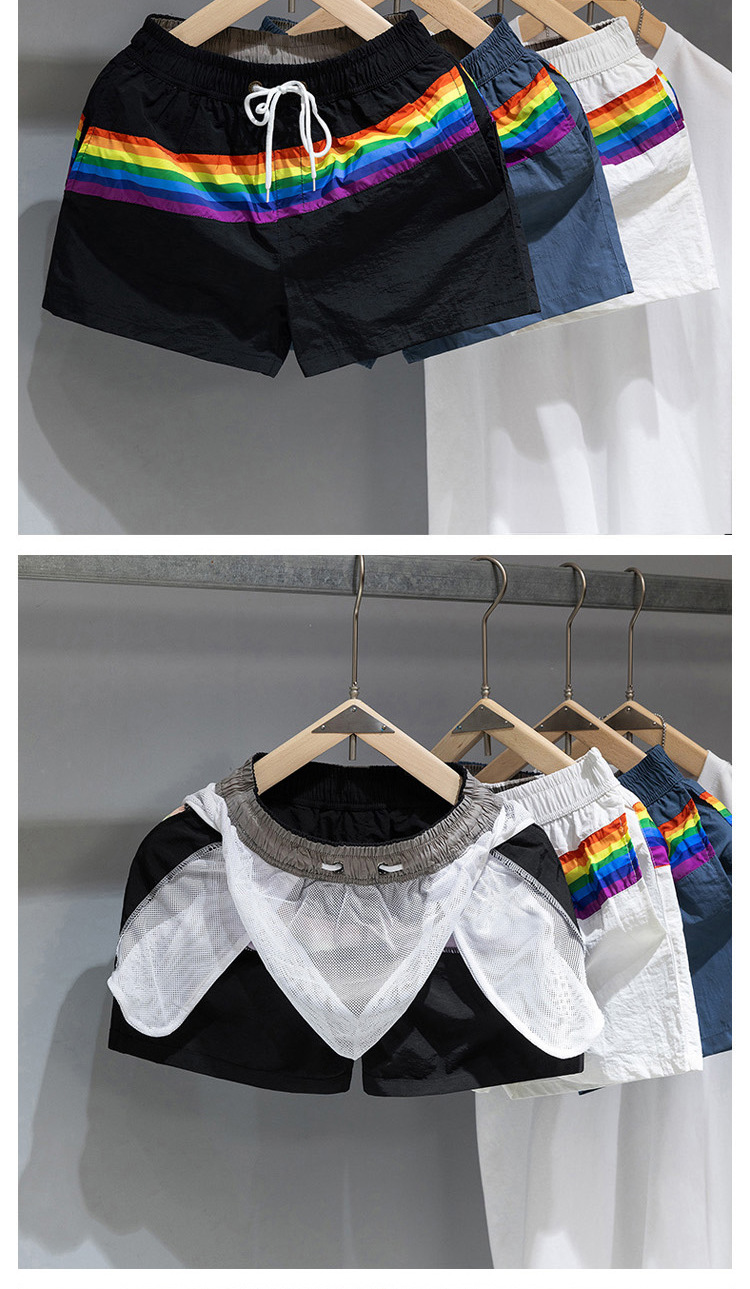 Men's Trendy Beach Shorts Loose Fit Rainbow Stripe Casual Sports Fashion Three Quarter Length Summer Bottoms_viptrois.com