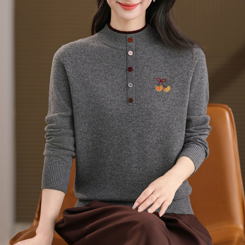 Ladieswear's Wool Sweater Women's Thick Half Turtleneck Knitted Bottoming Sweater Autumn and Winter Middle-Aged Women's Pure Wool Small Sweater