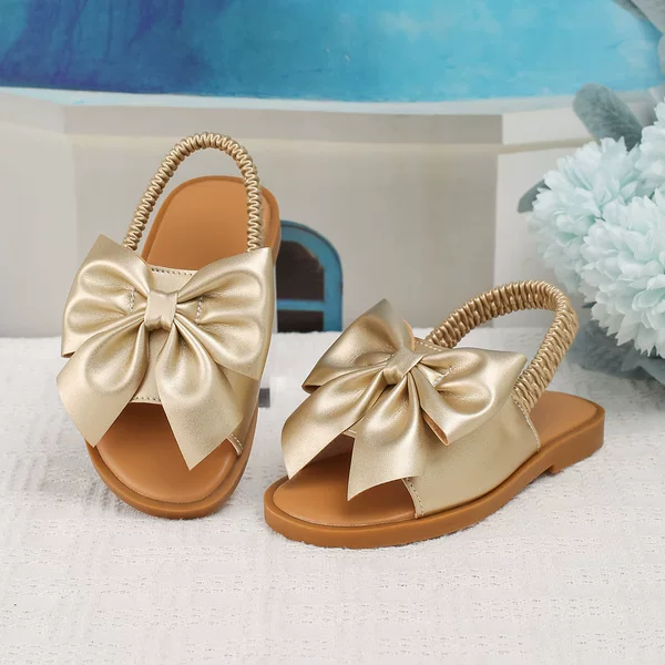 Children's Sandals with Hollow Design, Flat-Soled Toddler Shoes, Popular Cross-Border Sales, Bowknot Elastic Band Girls' Sandals for Ages 3-6