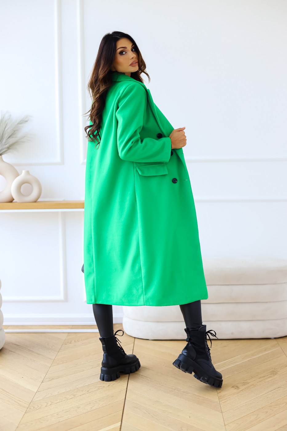 solid color double-breasted long-sleeved lapel button woolen coat NSYF138757