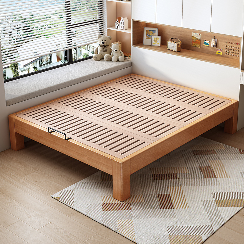 Beech Wood Tatami Bed Frame Without Headboard, All Solid Wood Bed with Bay Window, Customizable Any Size