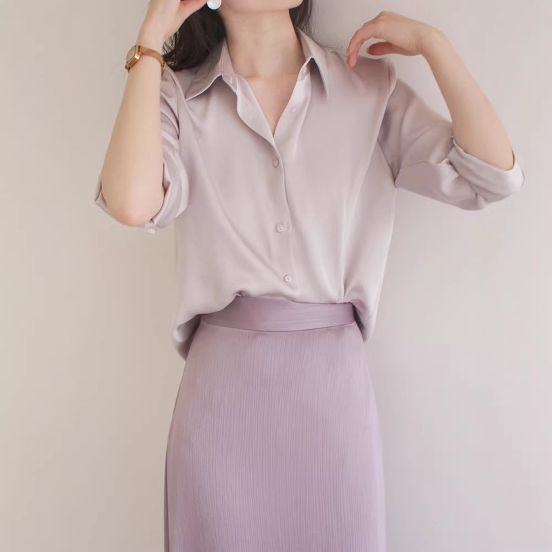 Lost and Found Light Purple Dark-Striped Crinkled Satin Matte Long-Sleeved Chic Shirt, Gentle and Elegant Top