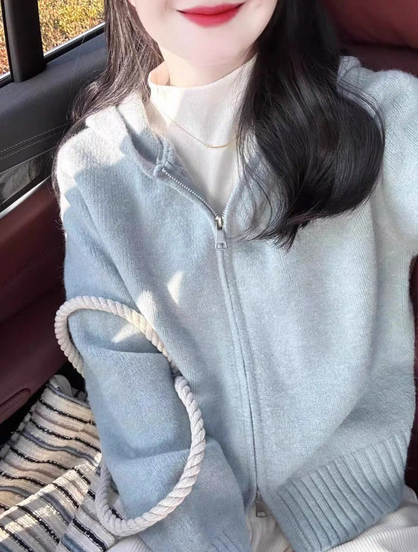 粉色连帽针织衫上衣女秋冬2025秋季拉链慵懒软糯外搭毛衣开衫外套|undefined