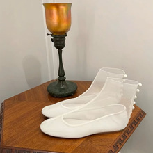 羊皮版～白色透气网纱圆头平底鞋短筒及踝短靴凉靴休闲玛丽珍女鞋