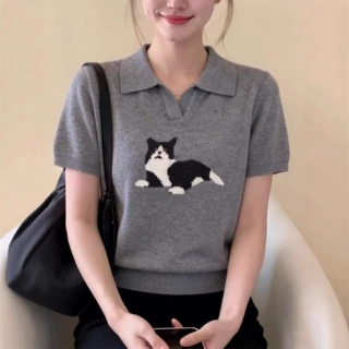微胖高级灰减龄复古显瘦针织衫短袖女夏季polo领t恤宽松翻领上衣