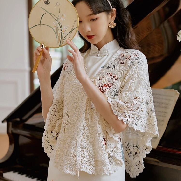 Elegant Ladylike Pure Cotton Lace Sleeveless Shawl Women's Triangular Cape Knitted Cheongsam Jacket with Tie Hook Crochet Vest Elegant Ladylike Pure Cotton Lace Sleeveless Shawl Women's Triangular Cape Knitted Cheongsam Jacket with Tie Hook Crochet Vest