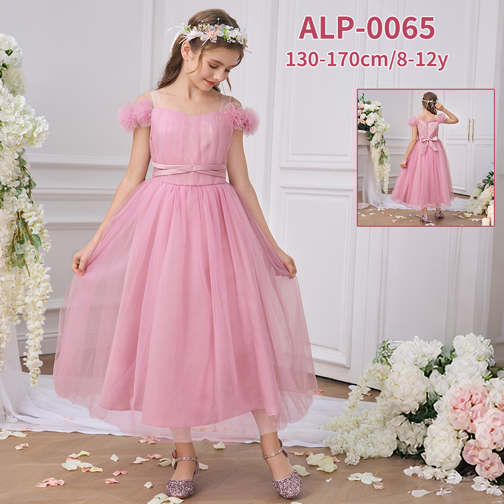 Nuevo vestido de niños grandes un hombro vestido de niña floral vestido de red vestido de princesa vestido de cumpleaños vestido de desfile