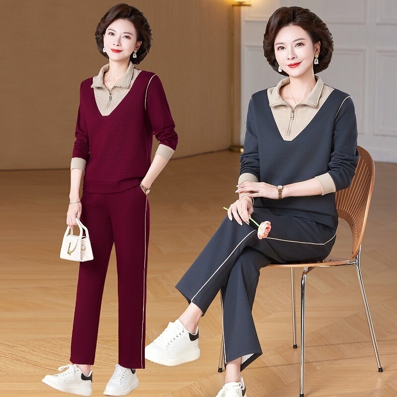 妈妈秋装休闲运动长袖套装女2025春秋季新款50岁中老年卫衣两件套|undefined