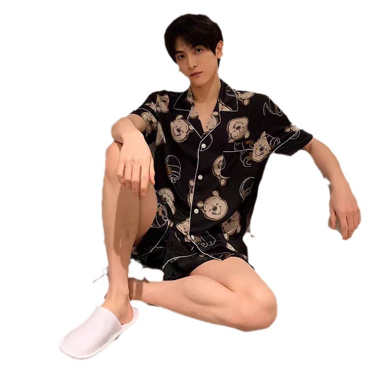 Fabricante pijama hombre de verano manga corta hielo dibujos animados sueltos engordar tamaño grande ropa casera de seda para hombres