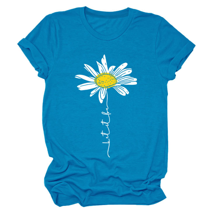 LET IT BE DAISY carta casual manga corta Amazon europeo y americano de las mujeres Top cuello redondo Camiseta suelta