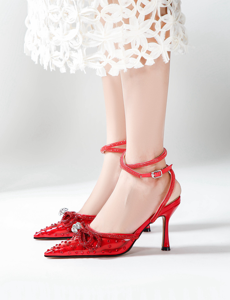New rhine-diamond transparent high heel sandals women's fine heel pointed high heels with a line with a bun head_voghion.com