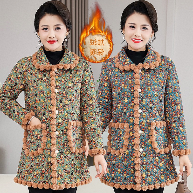 中长款国风中老年加绒外套棉衣女5XL大码妈妈秋冬翻领仿羊羔绒