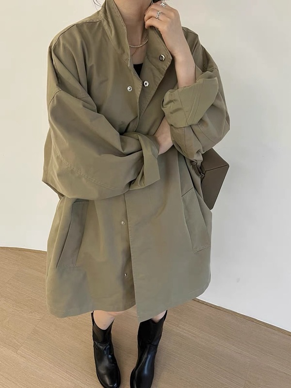 韓国系春服韓国chi薄タイプの怠惰な風立襟ゆったりとしたカジュアルな長袖の中長タイプのウインドブレーカーの女性|undefined