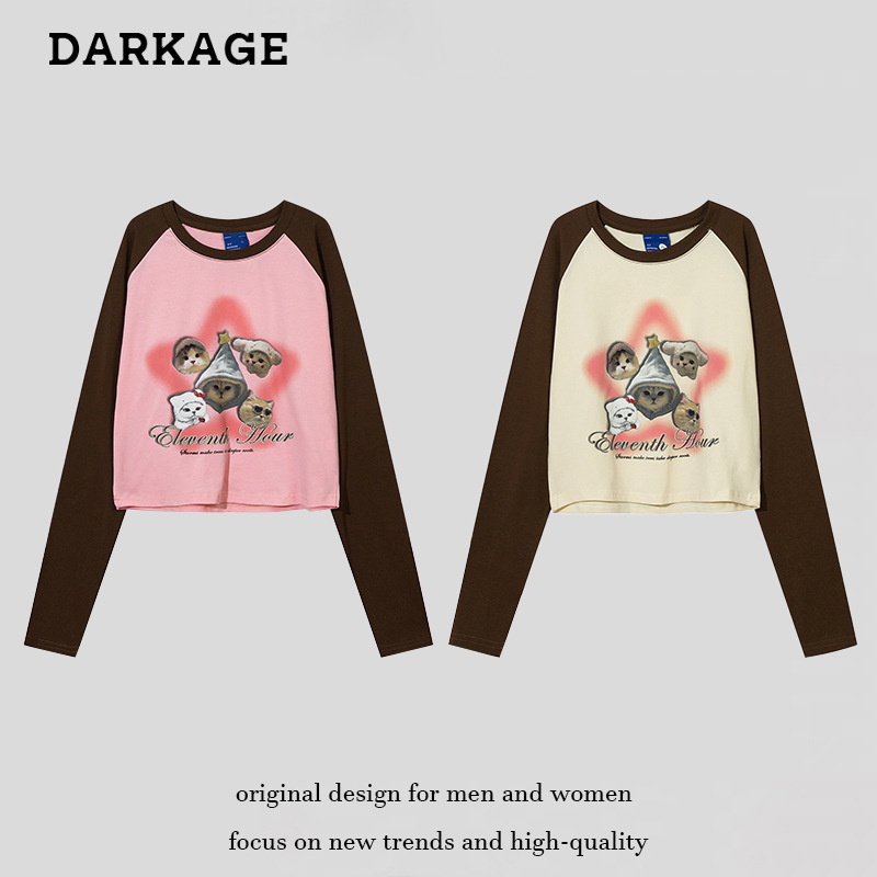 American sweet cool hot girl cute cat long-sleeved T-shirt women's autumn fashion brand street slim slimming short top fashion