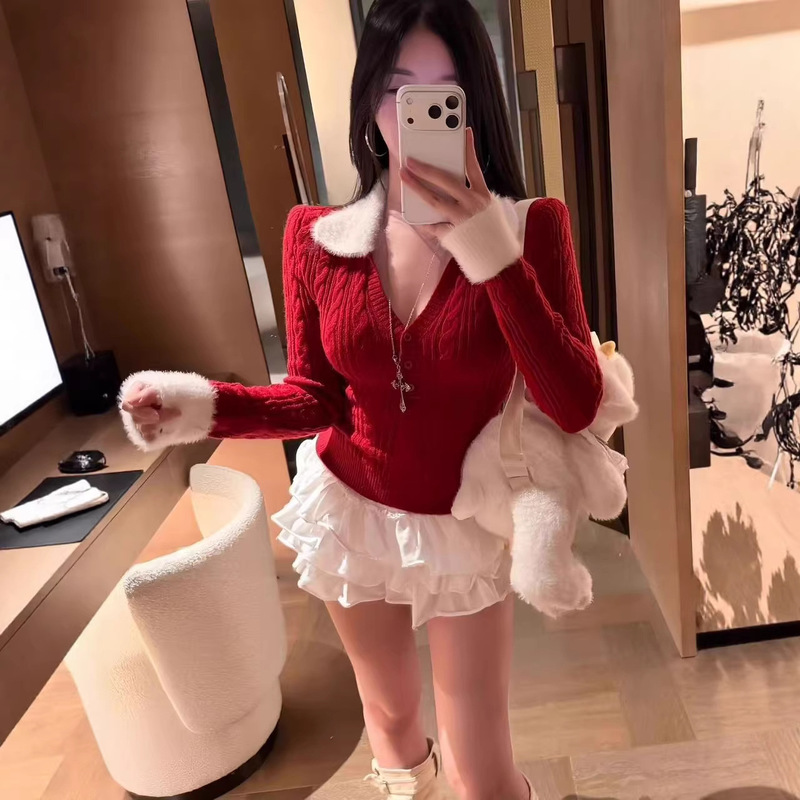 Hot Sale~ Women's Knitted Sweater with Plush Collar and Turn-Down Collar, Long Sleeve, Autumn/Winter Pure Desire V-Neck Slim Fit Top Sweater Hot Sale~ Women's Knitted Sweater with Plush Collar and Turn-Down Collar, Long Sleeve, Autumn/Winter Pure Desire V-Neck Slim Fit Top Sweater