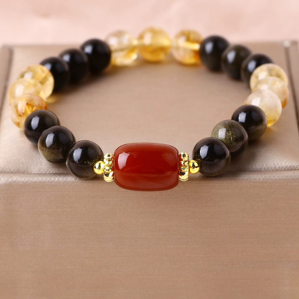 Золотой обсидиановый желтый браслет с кристаллами башни 8 мм, красный агат, цилиндрические бусины, шариковые бусины, браслет, браслет на удачу и удачу