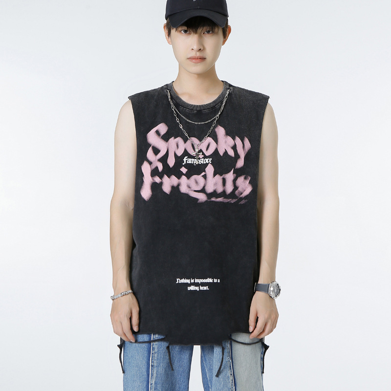 American High STreeT ReTro Washed DisTressed Blurred LeTTer PrinTed VesT Men's Summer ins Trendy Hip-hop Sleeveless T-shirT