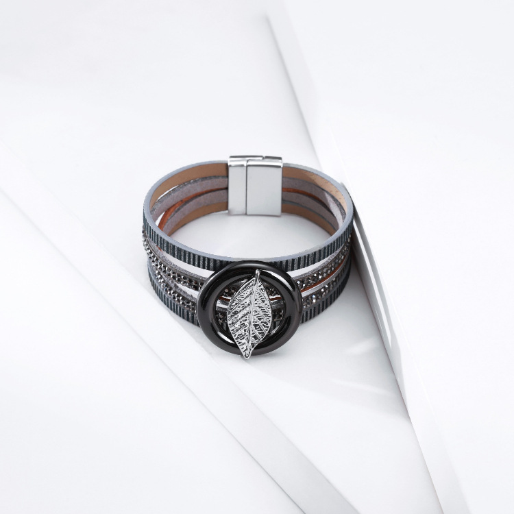 Bohemian Multilayer Hot Rhinestone Leaf Leather Bracelet