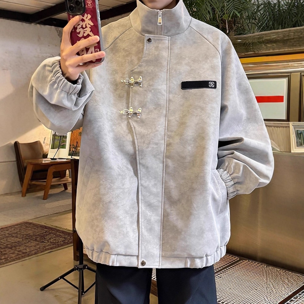 American High Street Buckle Locomotive Pu chaqueta de cuero hombre marca de invierno y otoño suelta retro alta sensación de abrigo de cuero de cuello vertical