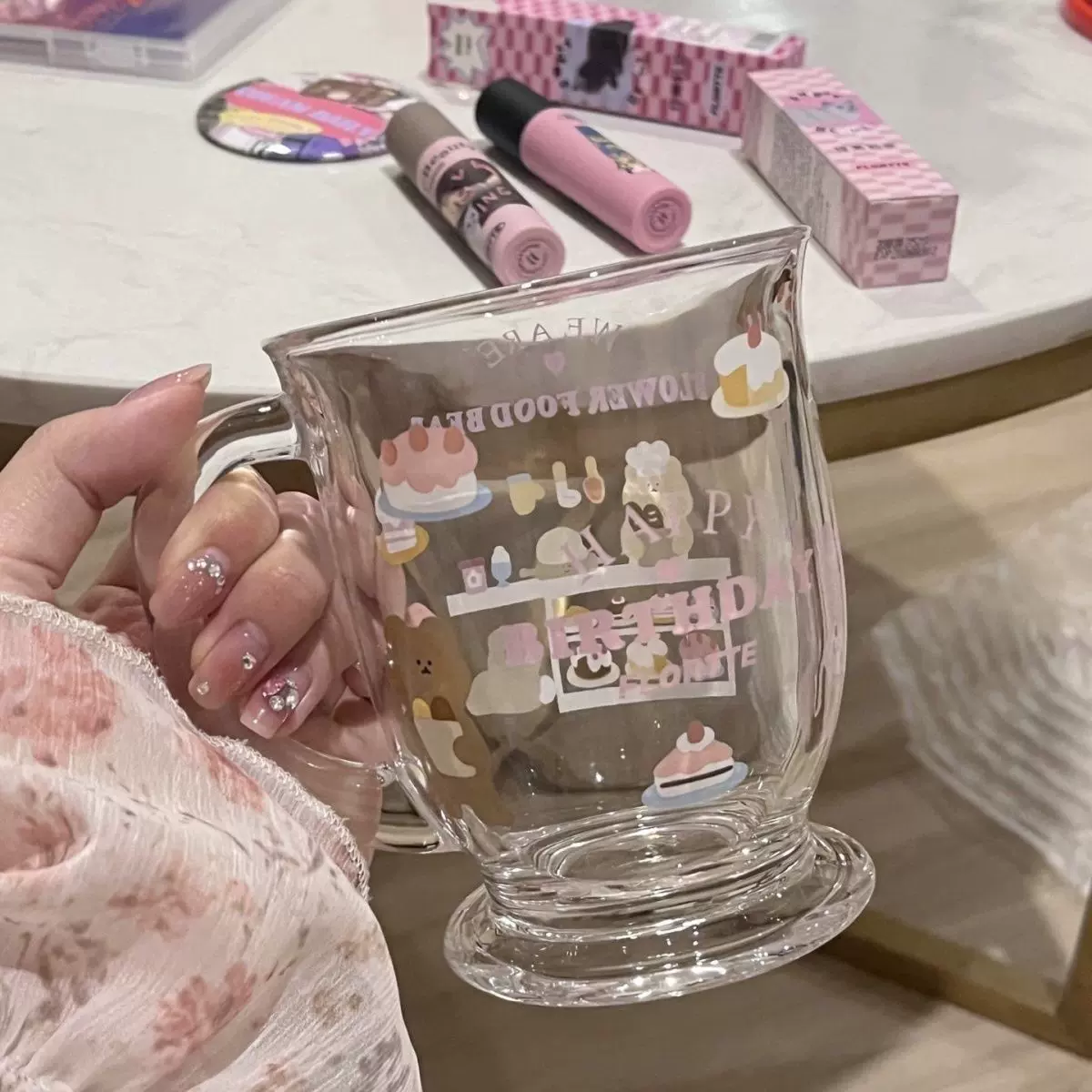 批发防烫可爱小熊蛋糕玻璃水杯ins小众高颜值卡通大容量家用耐热