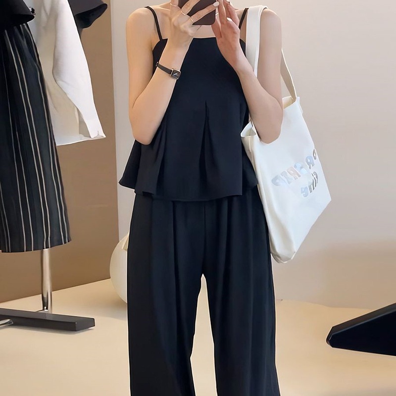 女性用夏服セット 2025 新しいネットセレブ人気キャミソールワイドレッグパンツカジュアルファッション 2 点セット|undefined
