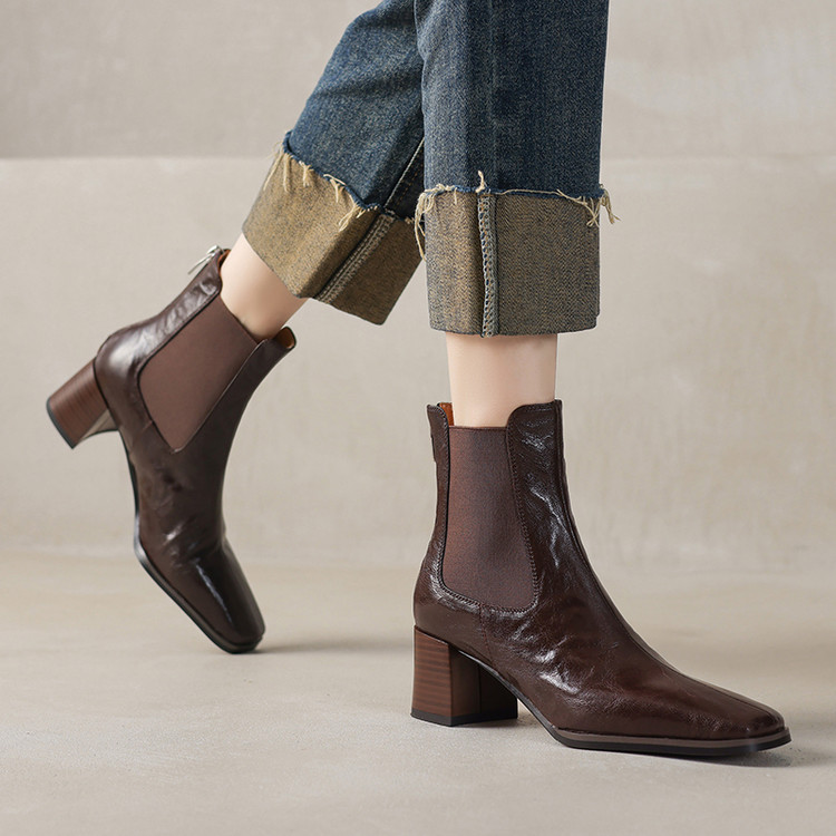 秋冬新款法式羊皮高跟粗跟短靴女单靴复古松紧带方头切尔西靴