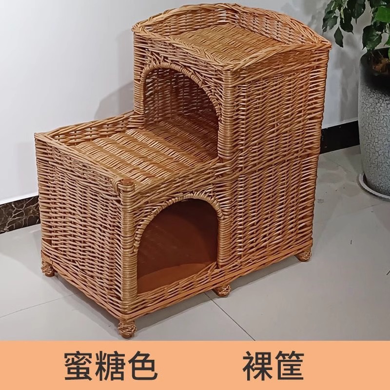 Casa de verano universal de cuatro estaciones de ratana trapezoidal tejida felina de cachorro tejida de sauce de doble capa desmontable y lavable para mascotas