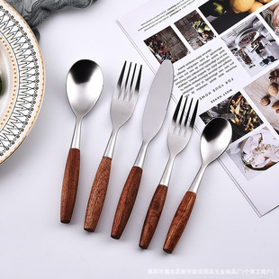 Retro 304 Stainless Steel Tableware Flower Wooden Handle Creative Restaurant Hotel Sanded Knife, Fork and Spoon Tableware Gift Set