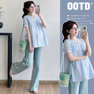 2025 New Pregnant Women's Shirt Summer Loose Slimming Striped V-neck Fashion All-match Trendy Mother's Buckle Breastfeeding Top