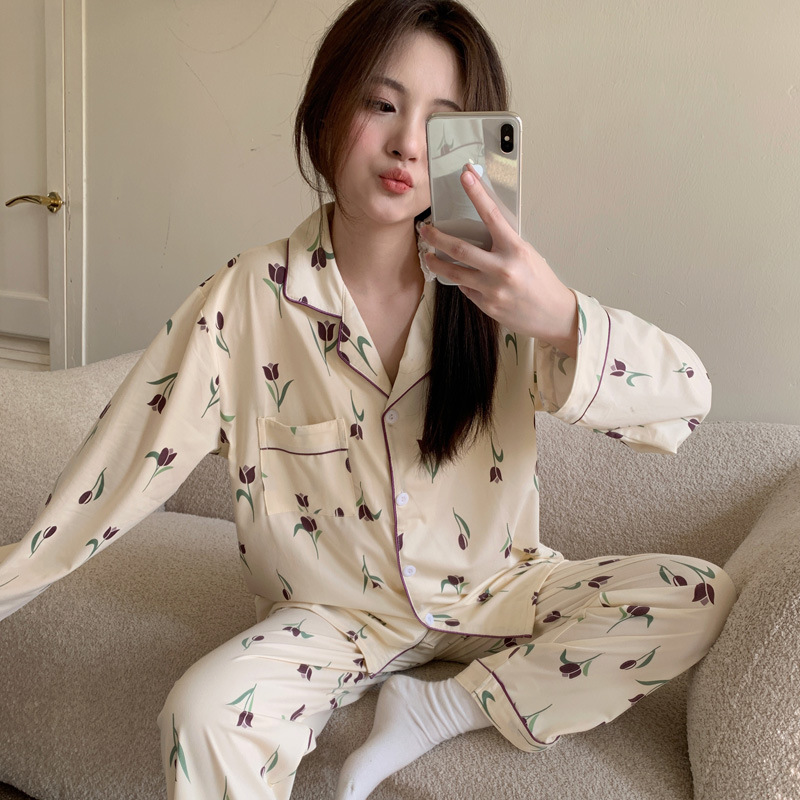 El comercio exterior de primavera y otoño pijamas algodón para las mujeres ins lindo dibujos animados solapa cardigan suelta delgada vestir prendas exteriores homewear