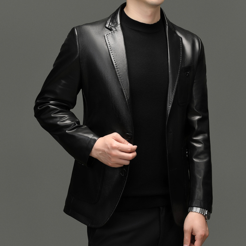 海宁真皮皮衣春秋西装男士牛皮夹克修身薄款休闲小西服外套时尚|undefined