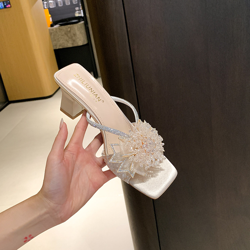 99-A4 High-Heeled Sandals for Women with Rhinestones 2025 Summer New Korean Style Square Toe Thick Heel Rhinestone Princess Women's Shoes Are Beautiful