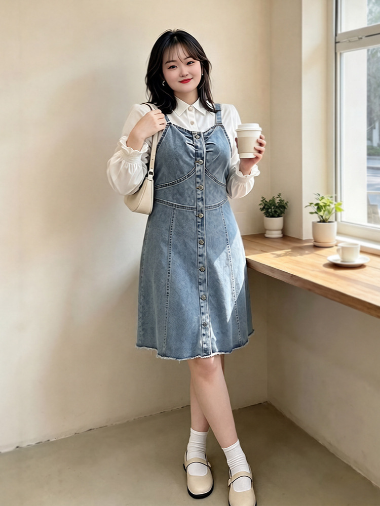 130-320 Plus Size Women's Shirt and Denim Skirt Set for Spring and Autumn, Loose and Stylish Retro Two-Piece Set for Slightly Plump Women 130-320 Plus Size Women's Shirt and Denim Skirt Set for Spring and Autumn, Loose and Stylish Retro Two-Piece Set for Slightly Plump Women