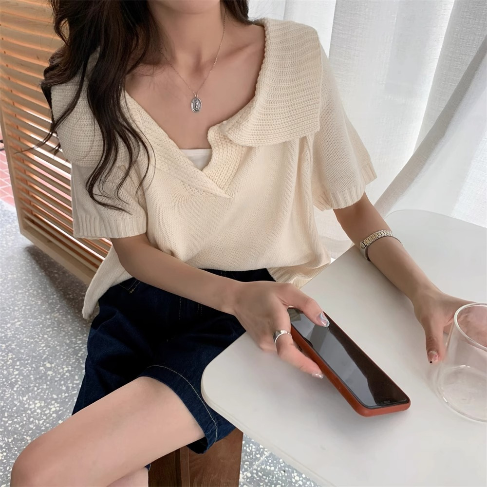 Design di nicchia unico e unico, sottile maglia in seta ghiacciata, top estivo da donna a maniche corte con scollo a V e piccola fragranza,_voghion.com