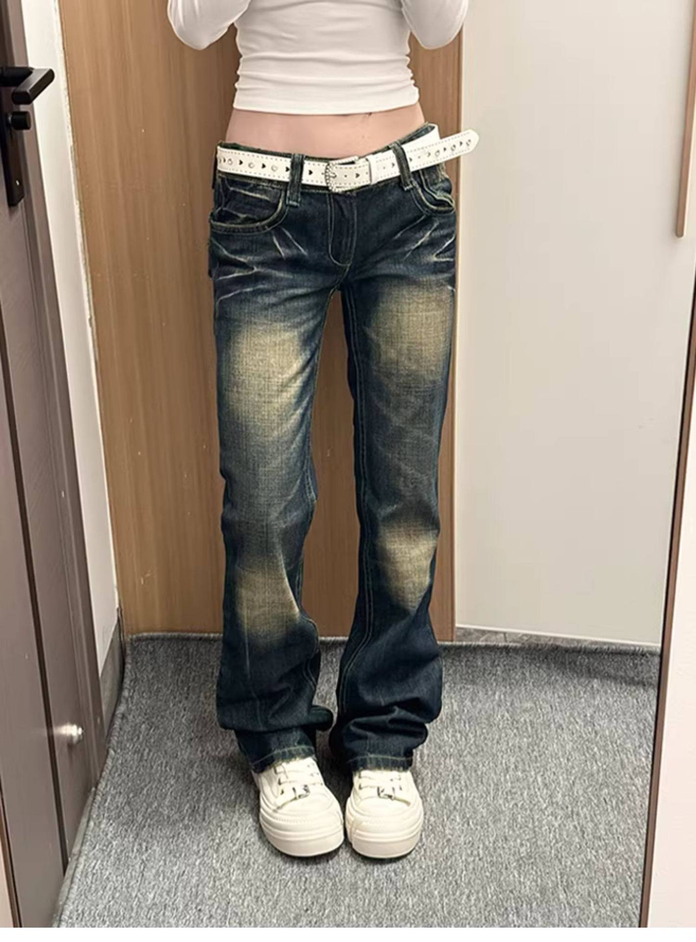 Y2k Vintage Low-Rise Distressed Jeans For Women - Baggy Straight Leg Denim Pants With Heavy Embroidery, Grunge Aesthetic_ecoleips.com