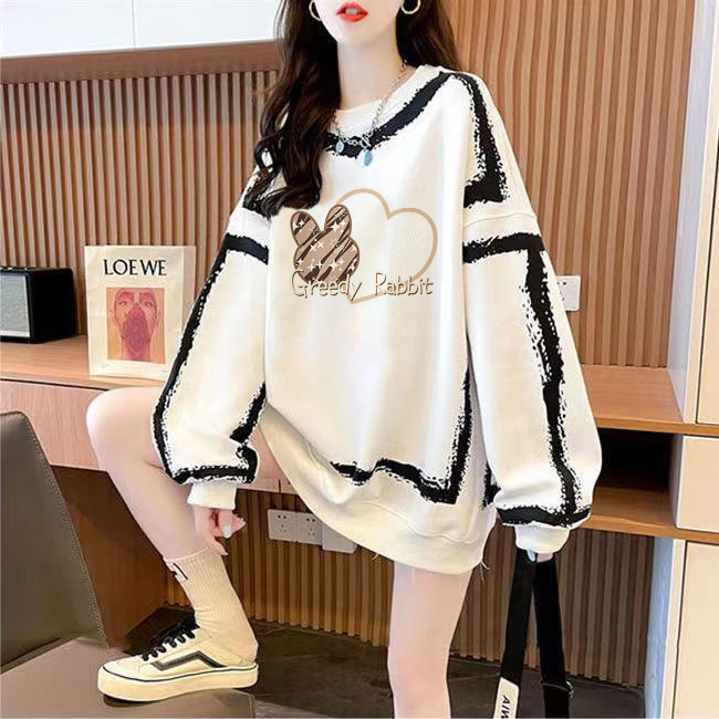 Early Autumn Explosions Contrast Color Line Loose Round Neck Sweatshirt Women's Fresh Style Cartoon Printed Mid-length Slimming Top Trendy Early Autumn Explosions Contrast Color Line Loose Round Neck Sweatshirt Women's Fresh Style Cartoon Printed Mid-length Slimming Top Trendy