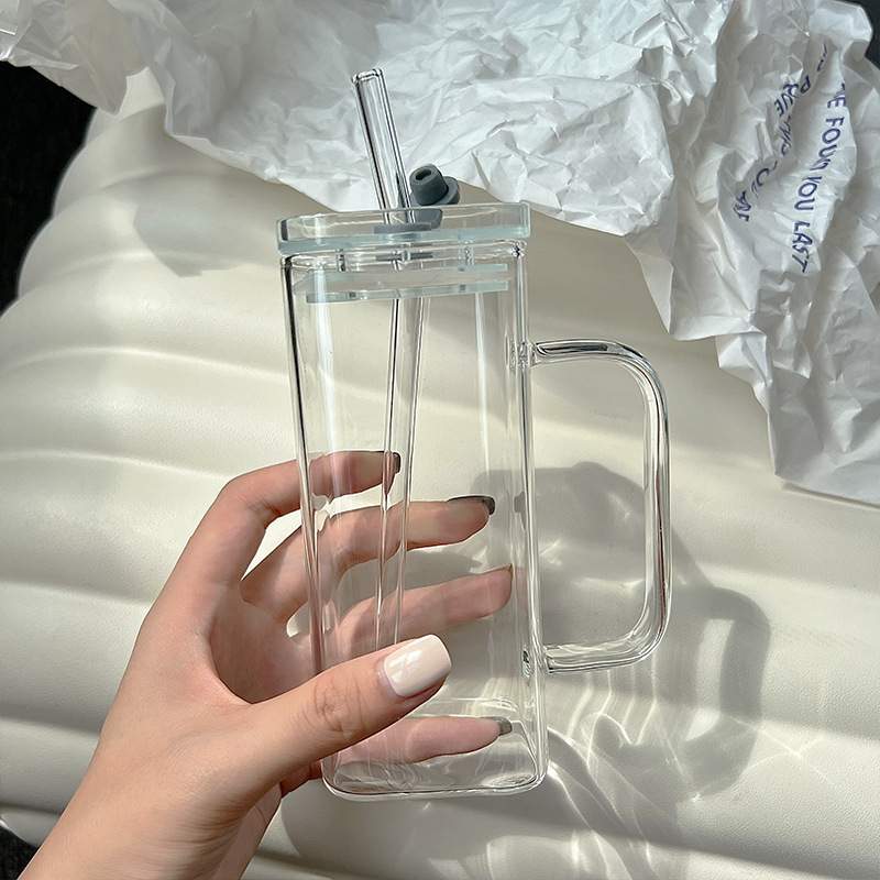 Taza de vidrio cuadrada al por mayor taza de té separada taza de agua de paja transparente taza de vidrio de silicona alta temperatura