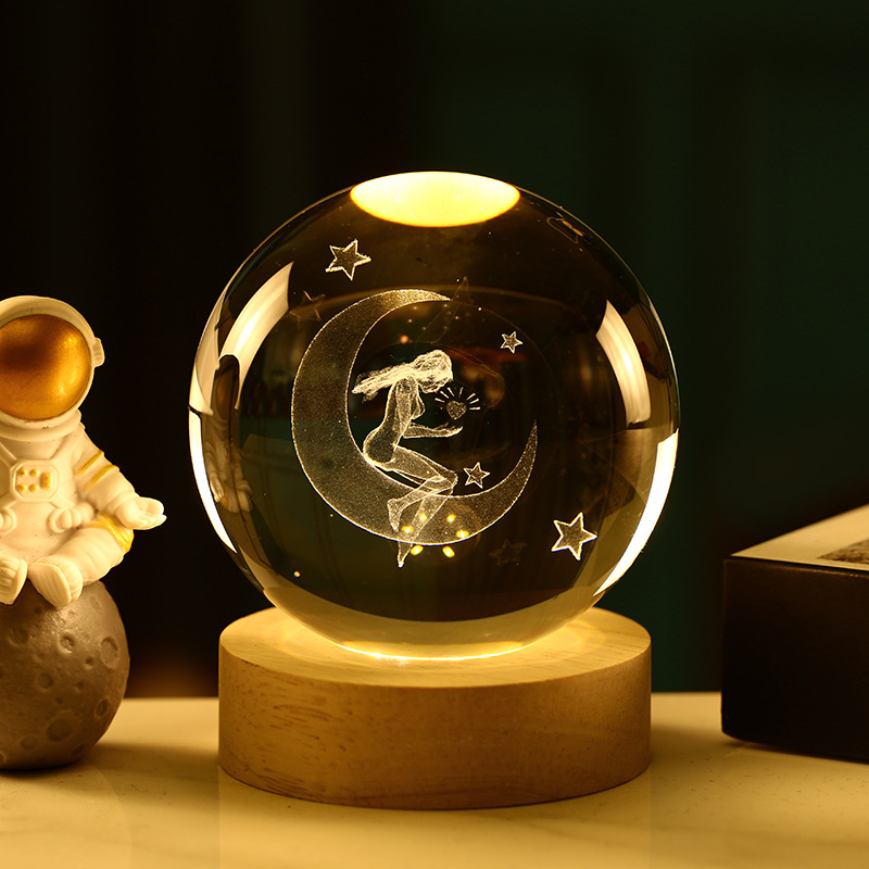 Bola de cristal 3D de la Vía Láctea — grabado interno luminoso con base de madera, luz nocturna decorativa creativa