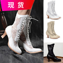 2025立站wish外贸秋冬新款英伦风蕾丝拼接前系带尖头中跟女士靴