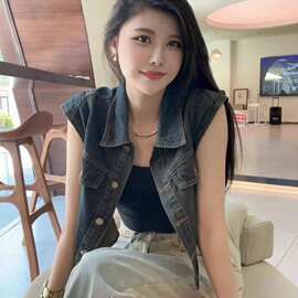 美式秋2024复古感气质百搭牛仔马甲女POLO领短款无袖坎肩开衫上衣