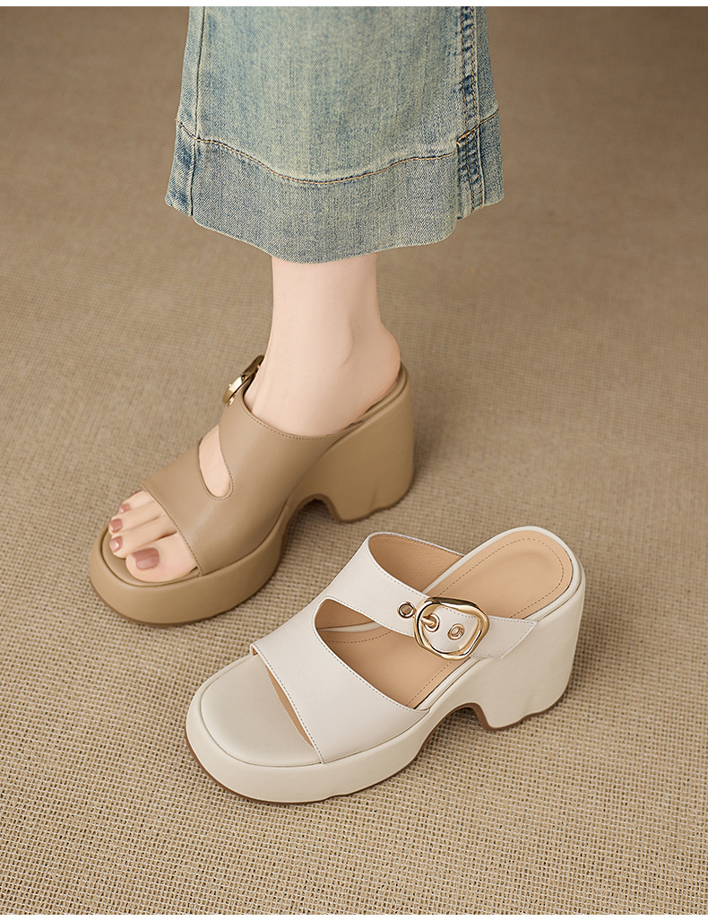 Dép sandal nữ đế xuồng cao 10cm da thật quai khóa mũi hở mùa hè — màu trắng ngà, màu mơ chi tiết 11