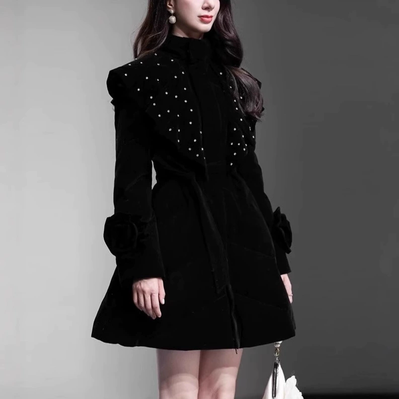 Зимний новый женский звездное небо украшает бисер ручной работы цветы романтический сладкий короткий пуховик