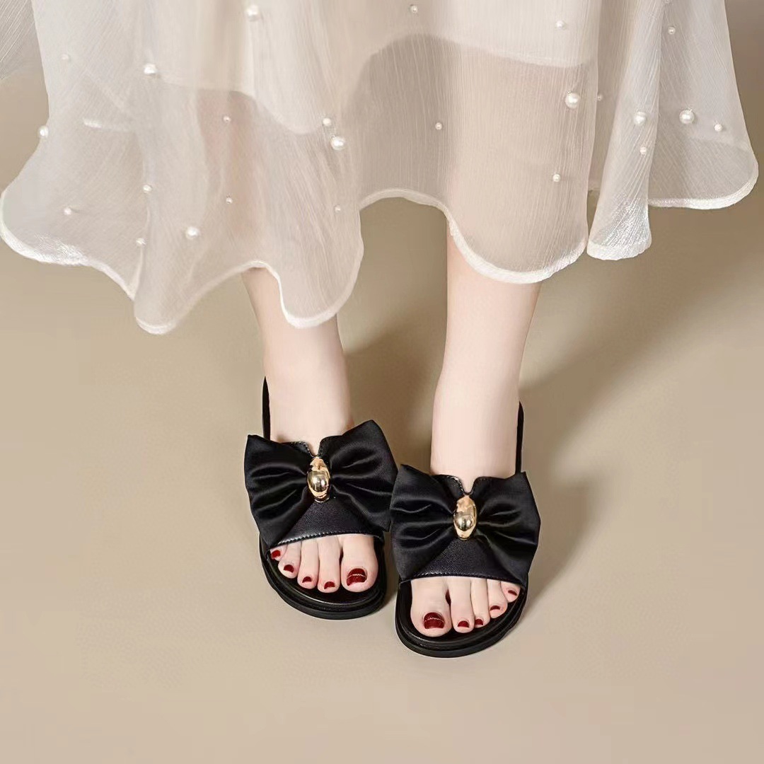Dép sandal nữ đế bằng da thật quai ngang nơ đi ngoài trời — đen chi tiết 5