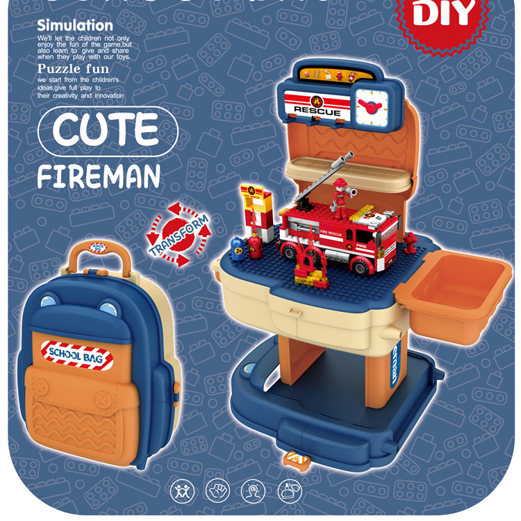 El comercio exterior de los niños DIY bloques de construcción mochila juguete bomberos coche ingeniería animal diapositiva montaje educación temprana bloques de construcción traje