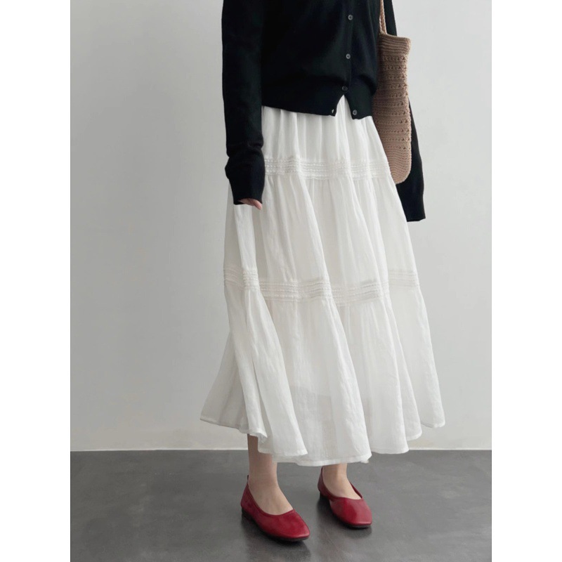 Natural premium Dongting lace patchwork A-line slimming cake midi skirt for women, 2026 spring/summer new style.