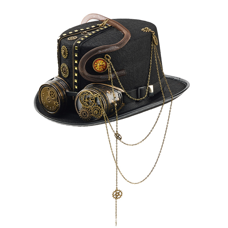 Cyberpunk Chain Gear Clock Top Hat Dark Goggles Retro Heavy-Duty Magic Hat Stage