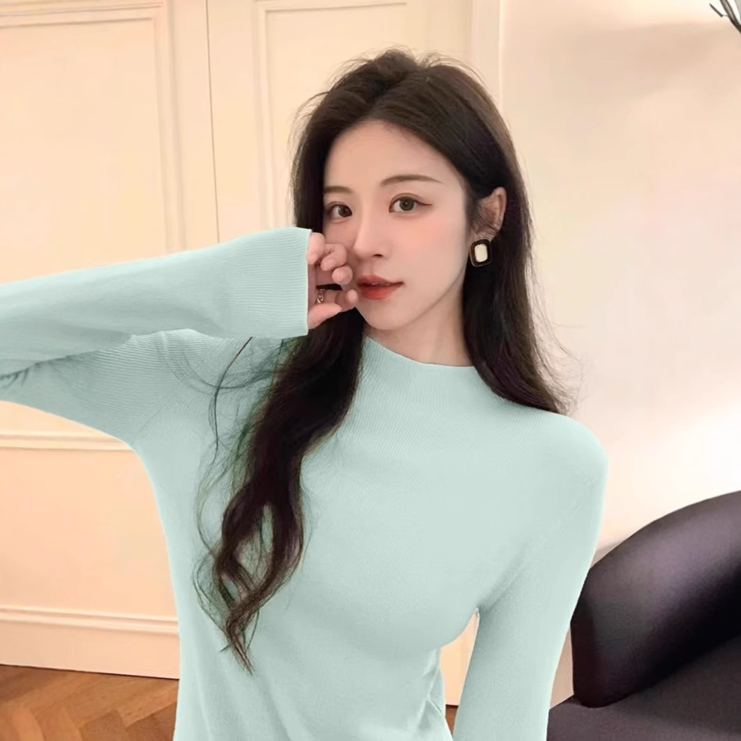 Candy-Colored Half-Turtleneck Rolled-Edge Cashmere Base Shirt for Women, New Autumn and Winter Style, High Elasticity, Solid Color, Soft and Simple Inner Layer Base Shirt