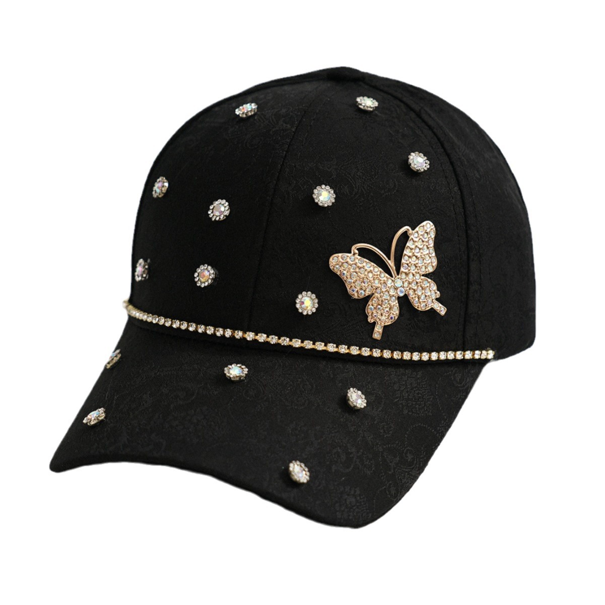 Hombres y mujeres pareja sombrero de béisbol hecho a mano con diamantes lindos mariposa flash flor accesorios de gemas de moda callejera citas